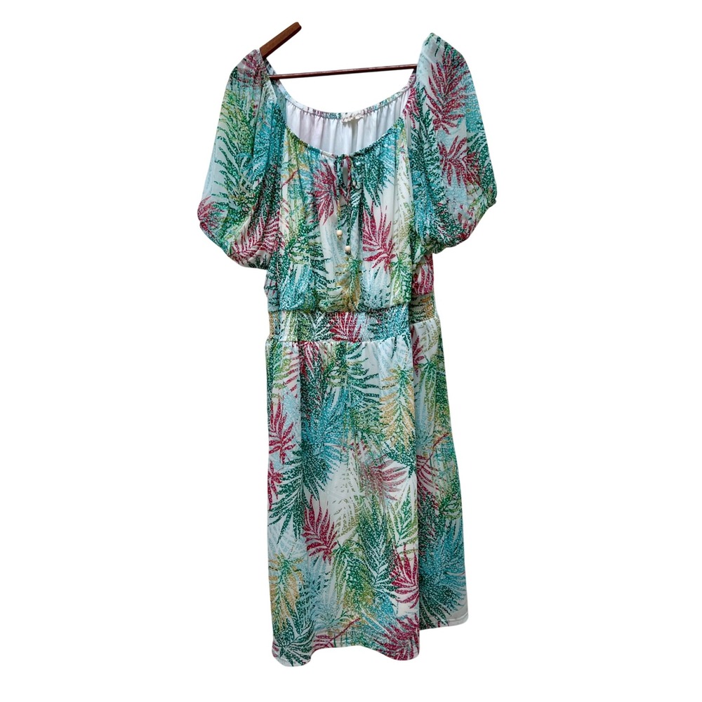 Joie De Vivre Tropical Palm‎ Leaf Print Smocked Waist Dress 3X Resortwear